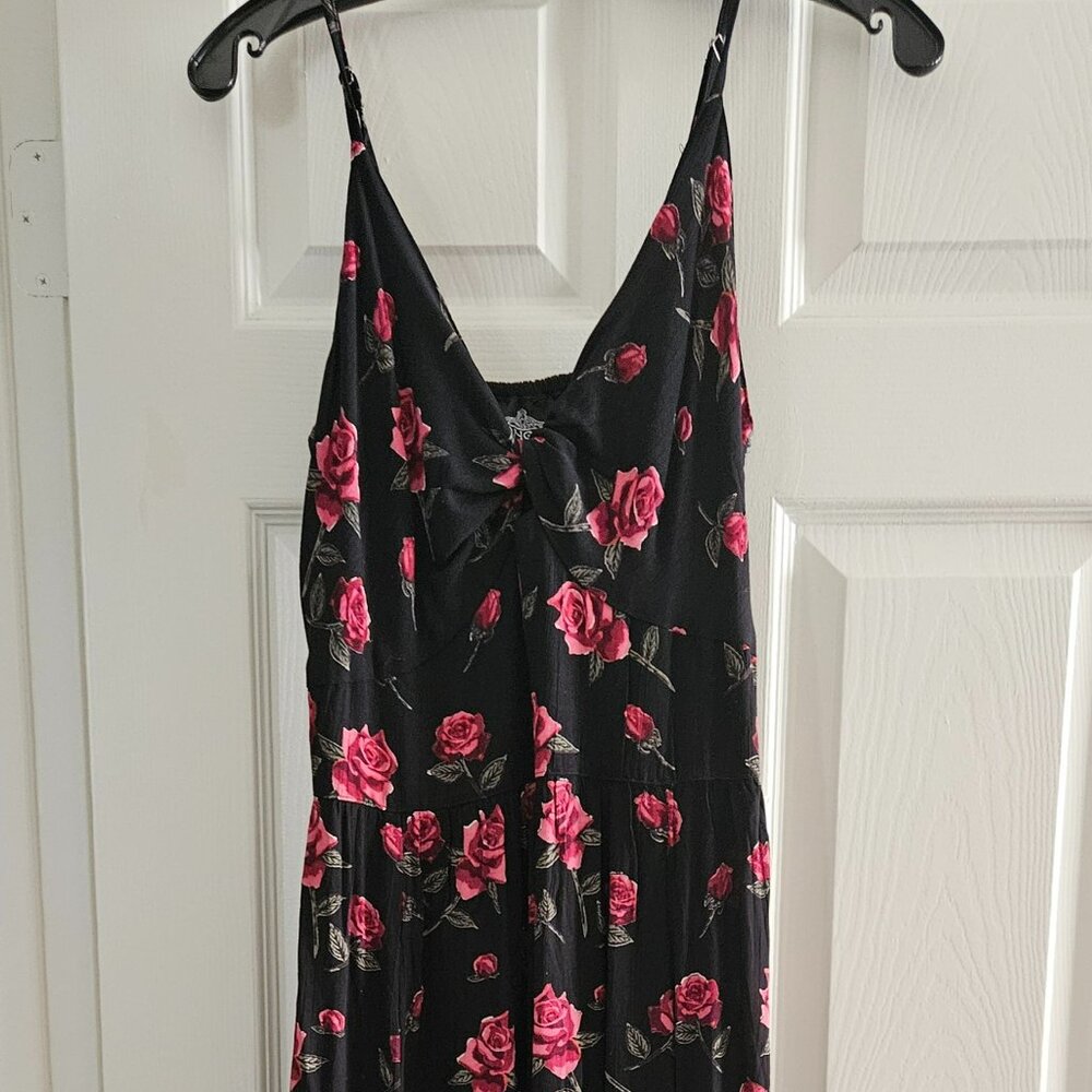 Angie Black Midi Dress with Pink Rose Print